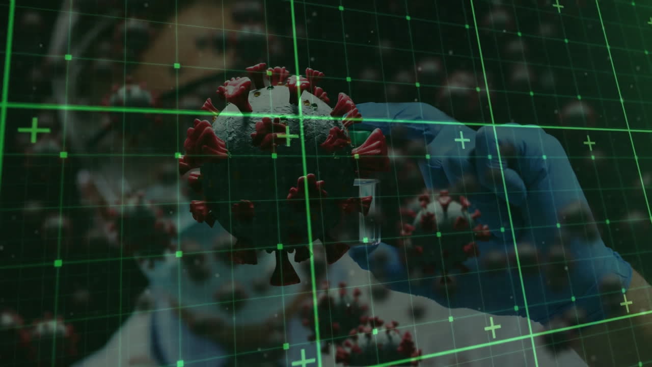 검은 바탕에 백인 남성 과학자 위에 선과 바이러스 세포의 애니메이션