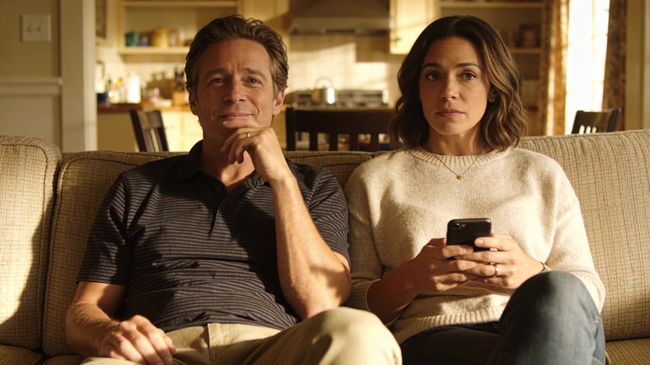 Noticing phone, man in striped polo peeking at screen, smiling in living room, woman holding phone