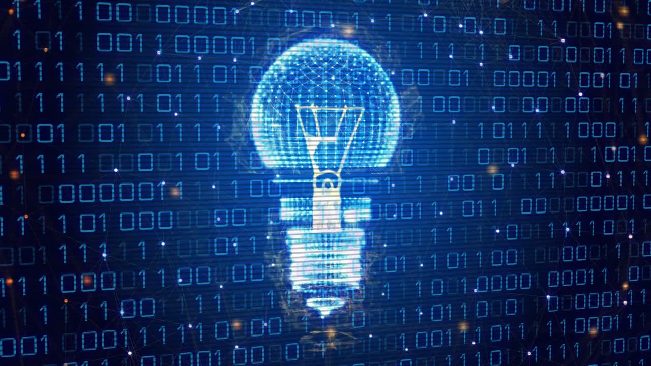 animación de la bombilla, codificación binaria y procesamiento de datos