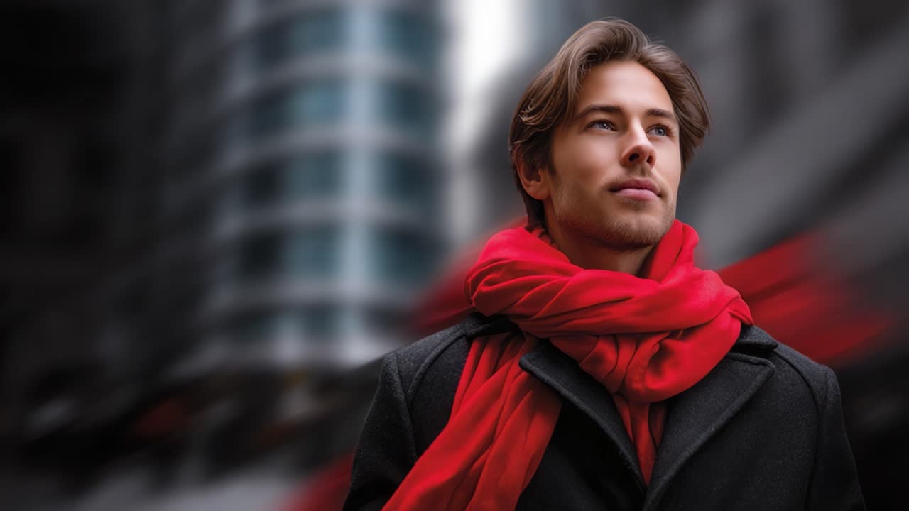 Confident Man in a Stylish Black Coat with a Red Scarf Against a Blurry Urban Background Exudes Charisma and Contemporary Fashion in a Modern Setting