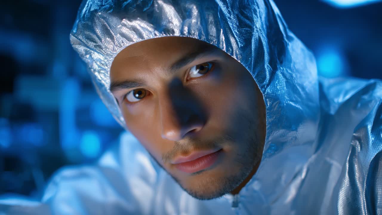 Una persona concentrata in un abito argentato riflettente, che guarda intensamente con un alone blu atmosferico che la circonda, trasmettendo un senso di tecnologia e precisione