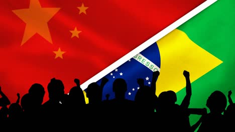 animation of silhouette of sport fans with chinese and brazilian flag background