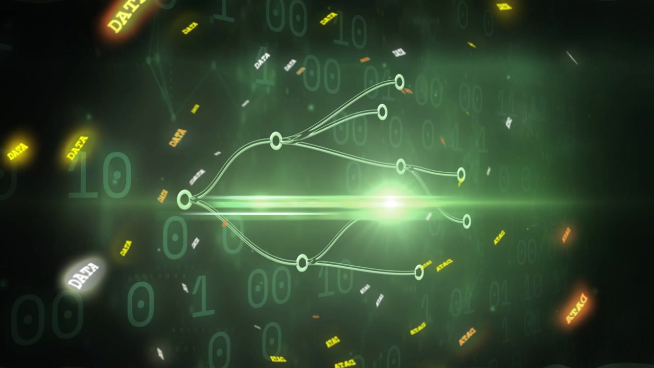 Branching network diagram receiving lines, expanding nodes and glowing, showing data flow for tech