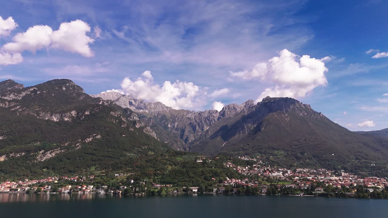 Speeded video flying towards Mandello del Lario, Lake Como, Italy
