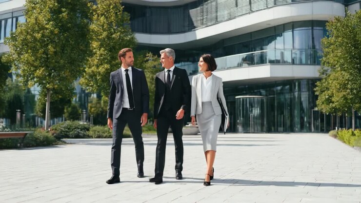 A Confident Business Trio Walking Together Outside a Modern Office Building, Reflecting Professionalism and Team Cohesion in a Dynamic Business Environment