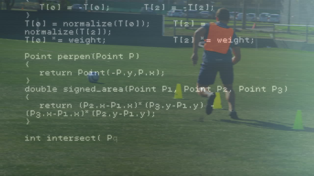 Data processing against caucasian male soccer player practicing on sports field