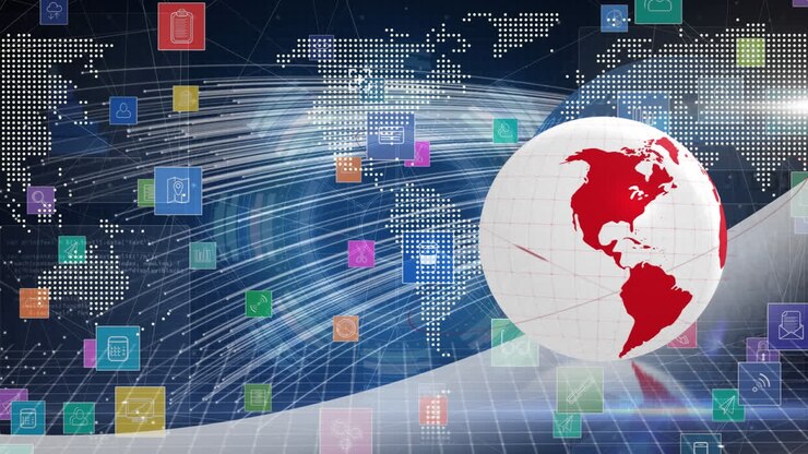 Animation of data processing, icons and globe over world map