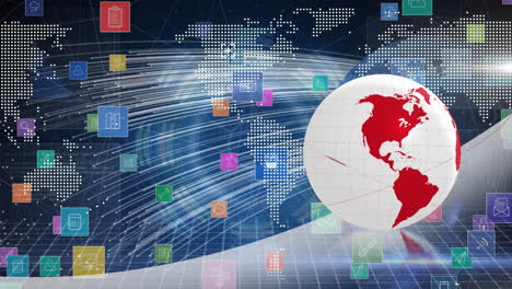 animación del procesamiento de datos, iconos y globo sobre el mapa del mundo