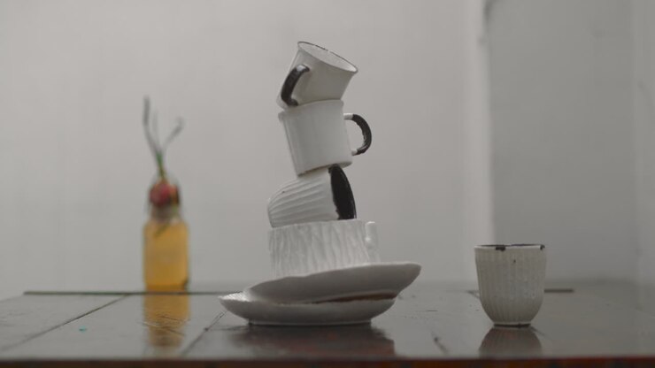 Rainy outdoor still-life with stacked plates and cups
