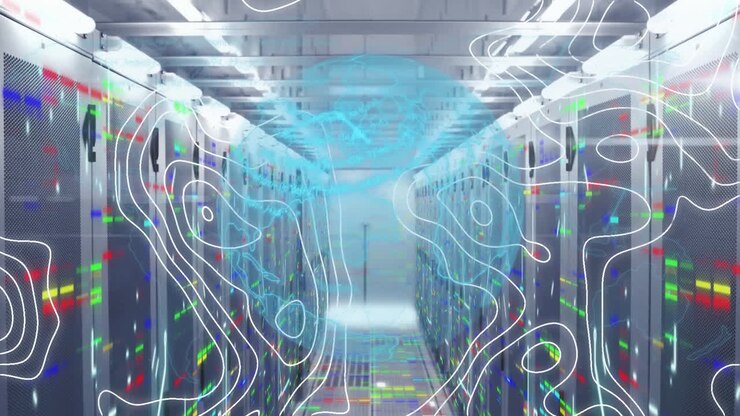 Animation of globe, white lines and data processing over computer servers
