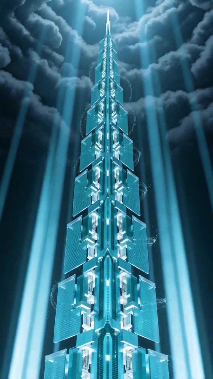 Sequenza cronologica scientifico-tecnologica che mostra una luce ciano solitaria all'inizio che si assembla in un'imponente guglia impilata, quindi si attiva con anelli di particelle rotanti.