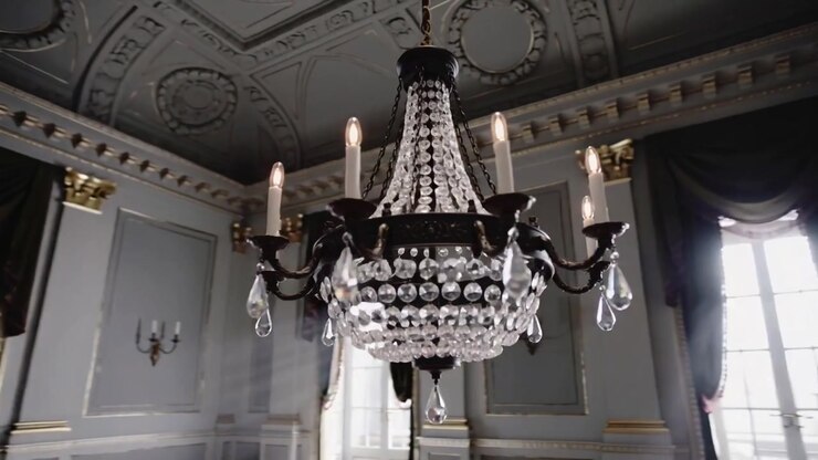 La ripresa inizia con la telecamera che si avvicina a un lampadario di cristallo in una sala di ricevimento, rivelando perle sfaccettate.