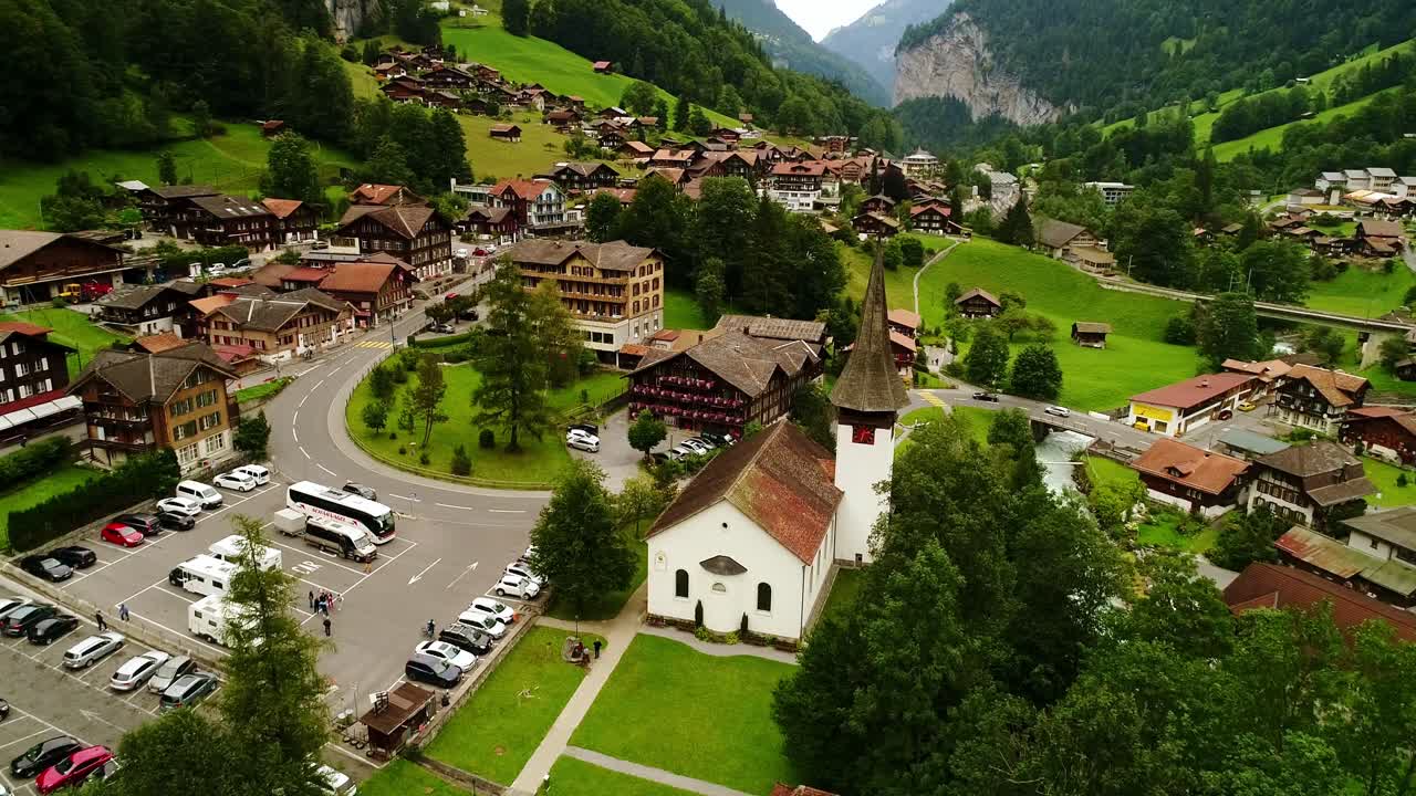 Cloudy day over Lauterbrunnen, Swiss village nestled among lush green mountains
