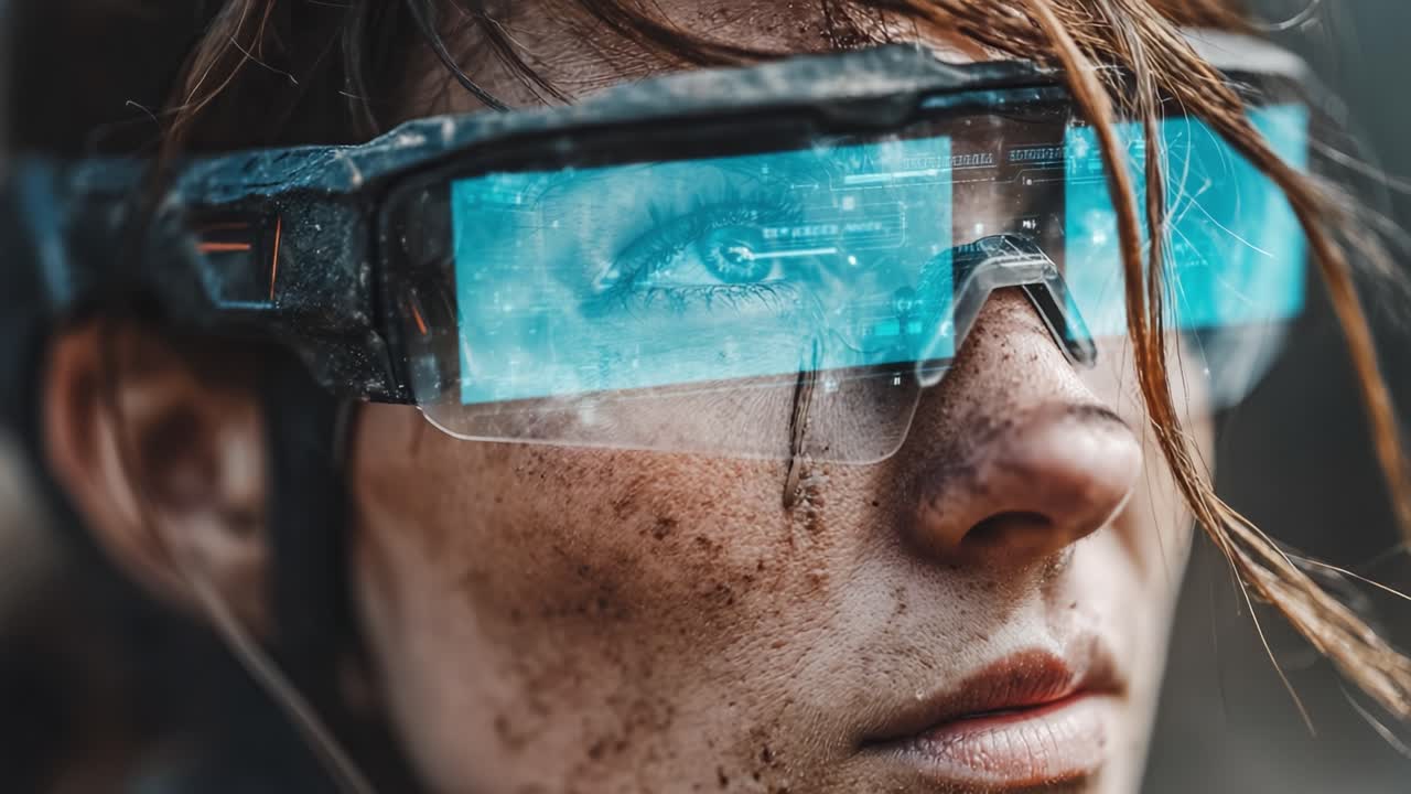 A determined individual sporting advanced augmented reality glasses, showcasing a fusion of technology and grit against a rugged backdrop, embodying future innovation and resilience