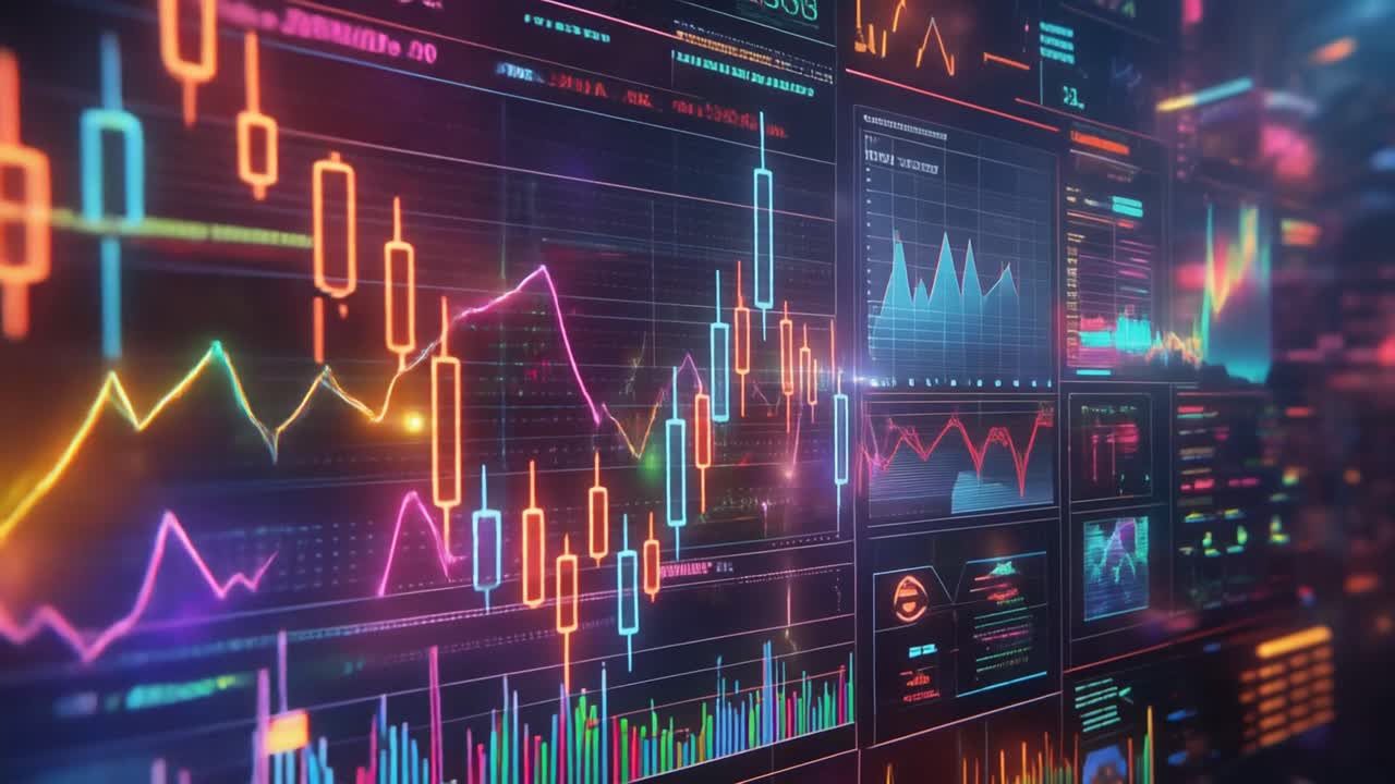 Interface Digital Vibrante Exibindo Gráficos e Dados Financeiros