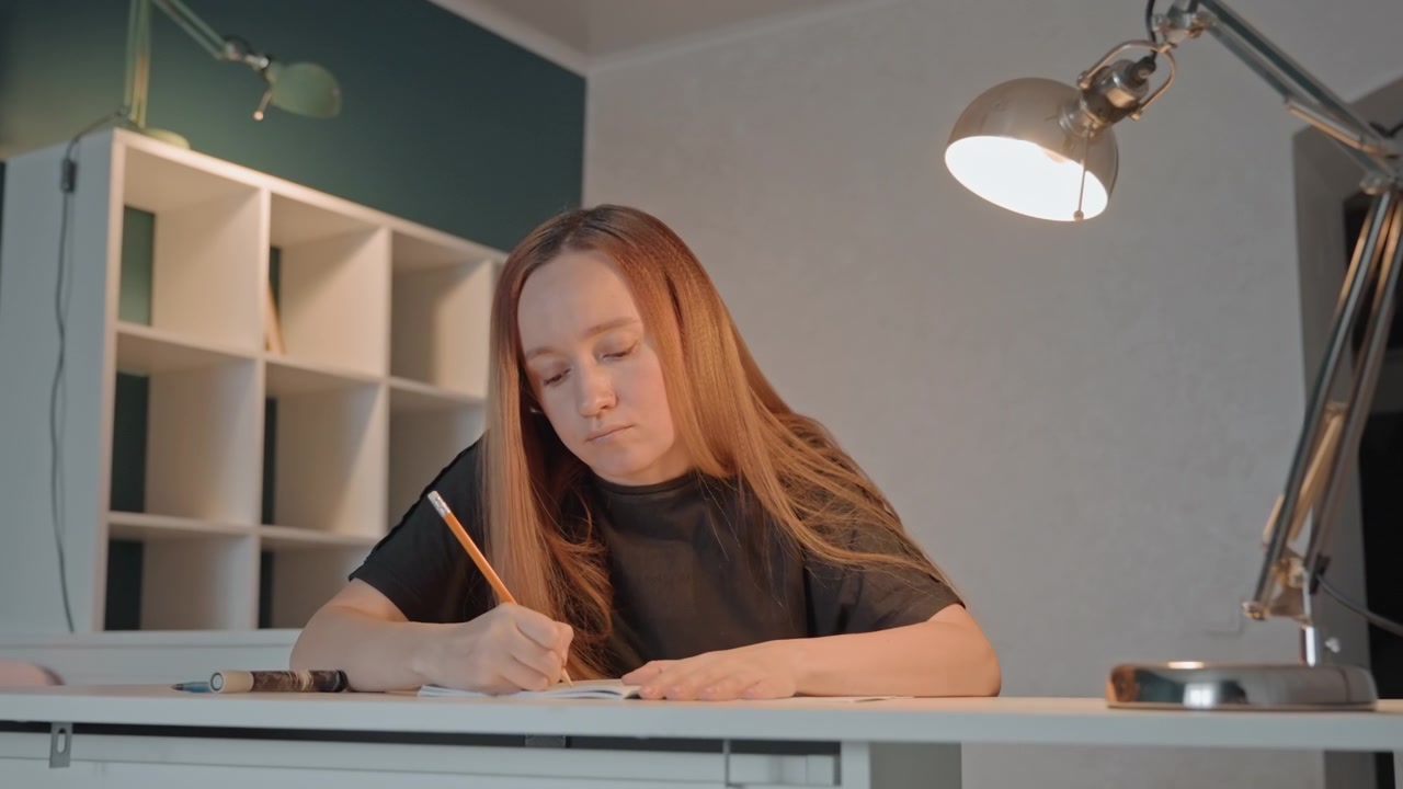 Young woman with long light brown hair writes. Woman wears black short sleeved shirt surrounded by silver lamps. Setting features two tone walls green accents bookshelves