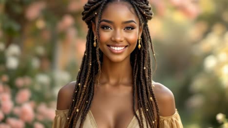portrait of a young black woman with braids decorated with golden beads and earrings, smiling in a garden with flowers in the background