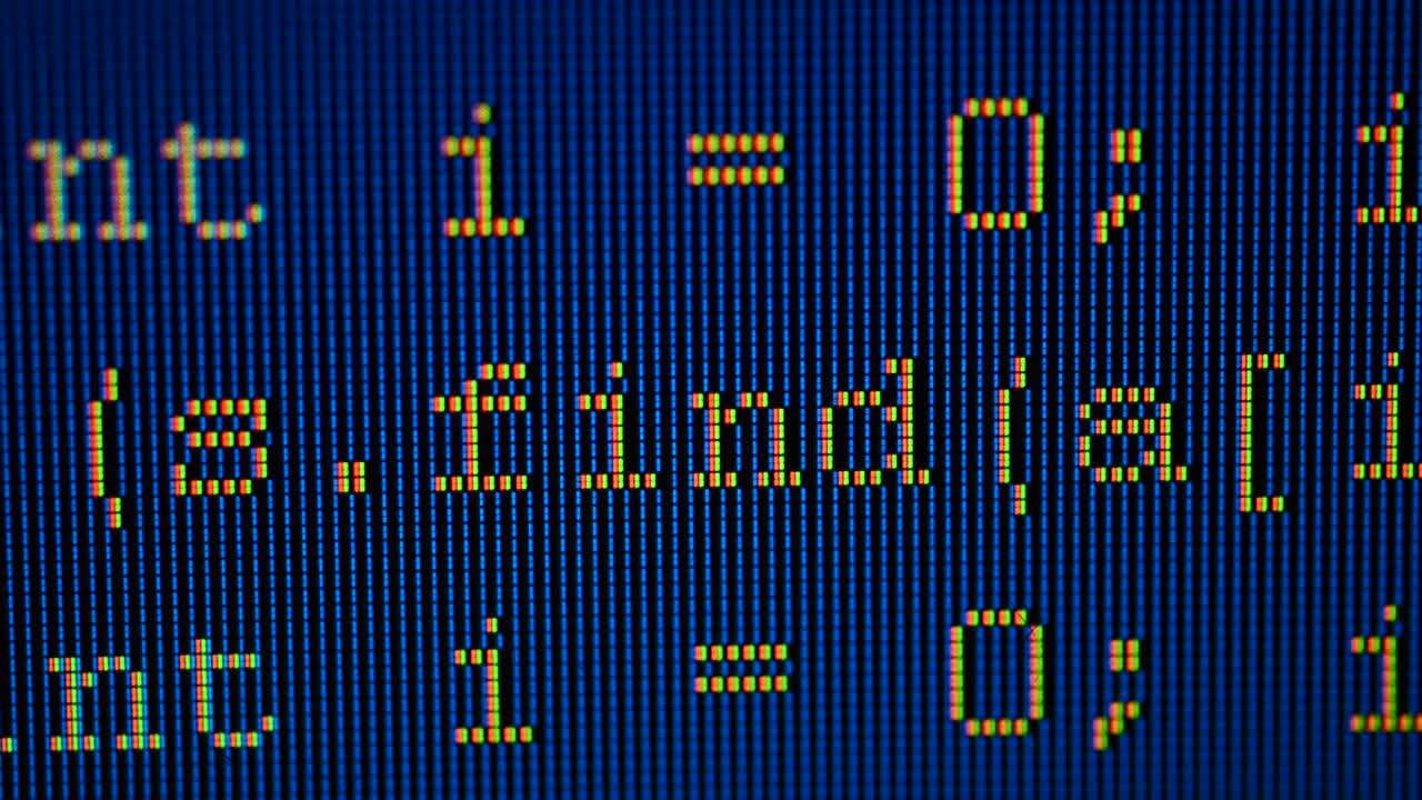 Source code on the monitor screen. Shooting of the text of the computer program