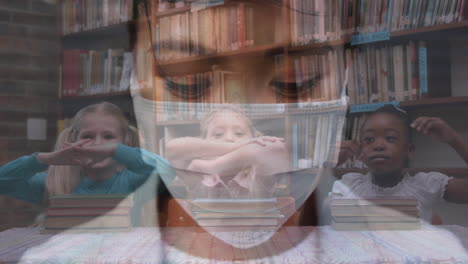 woman in face mask against students in library