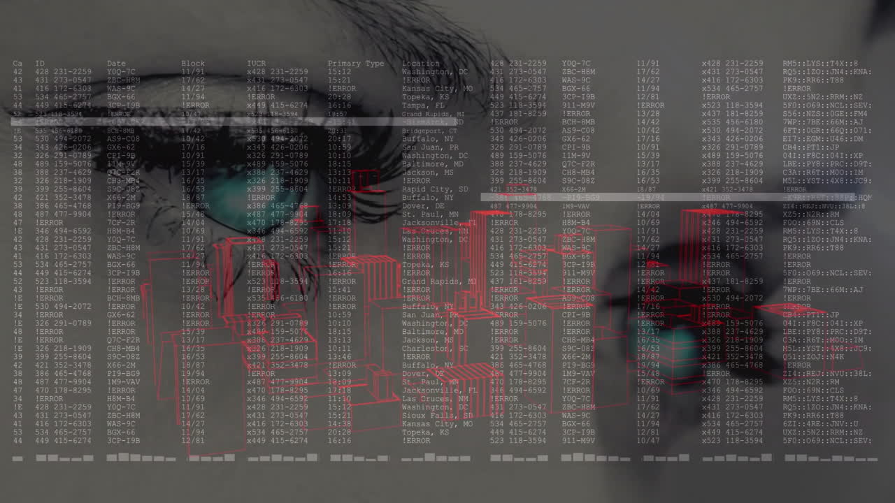 Eyes observing data and cityscape animation with digital information overlay