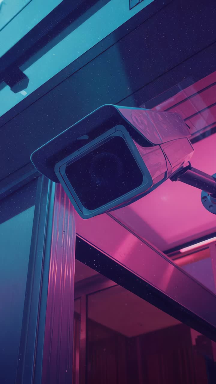 Vertical video: Recording starting, tilting camera adjusting framing under canopy, cyan pink glow