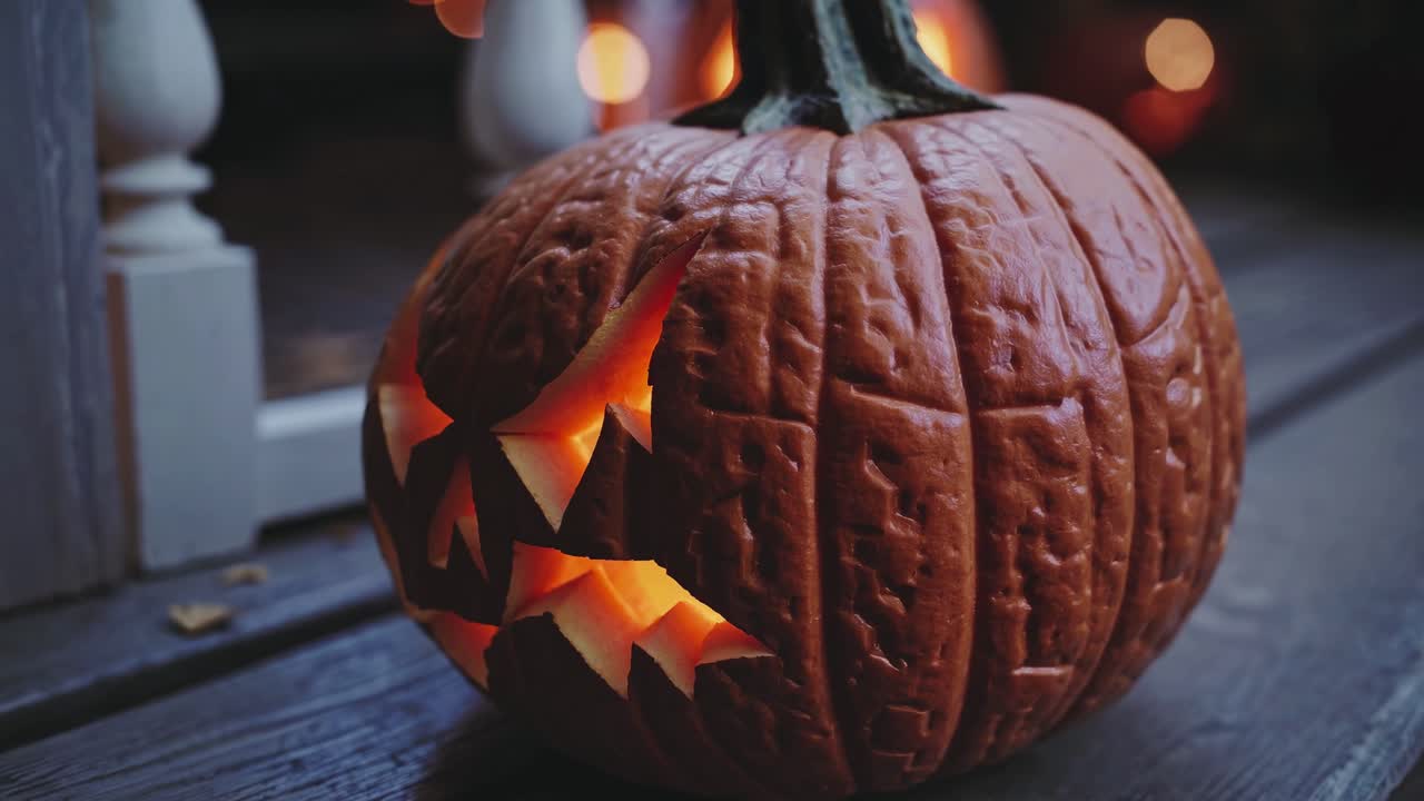 Close-up of a carved pumpkin with glowing eyes, shot at an angle for a spooky Halloween vibe