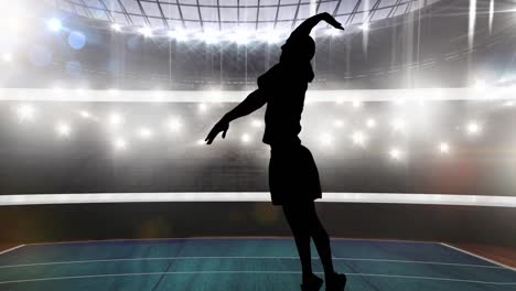 animation of silhouette of female volleyball player jumping over sports stadium