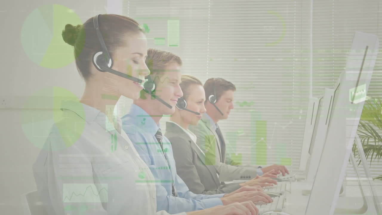 전화 헤드 ⁇ 을 사용하는 사업가들에 대한 통계 기록의 애니메이션