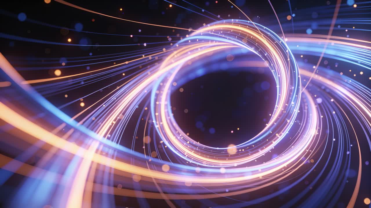 Blue-orange ribbons entering frame rotating and tightening into glowing ring around void for tech