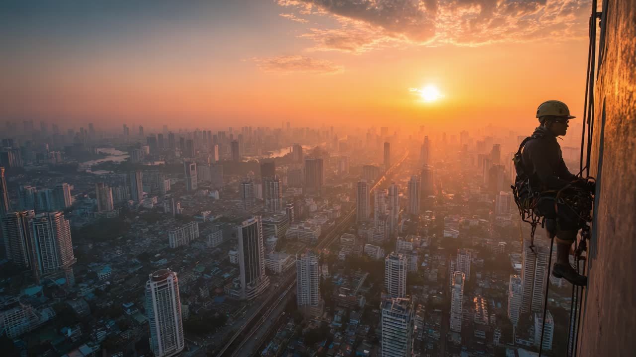 Um alpinista audacioso explora o horizonte urbano enquanto o sol se põe, exibindo a mistura de aventura e vida na cidade em um belo plano de fundo