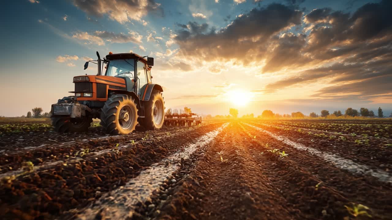 Uma Noite Tranquila na Fazenda: Um Trator Lavrando Solo Rico Sob um Lindo Pôr do Sol com Fileiras Exuberantes de Culturas Estendendo-se Pelo Horizonte