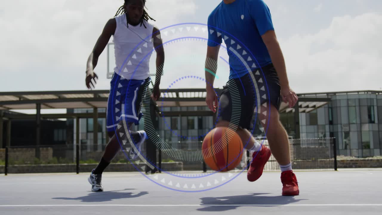 Ball-handler dribbling being poked by defender, protecting basketball and retaining ball in sports