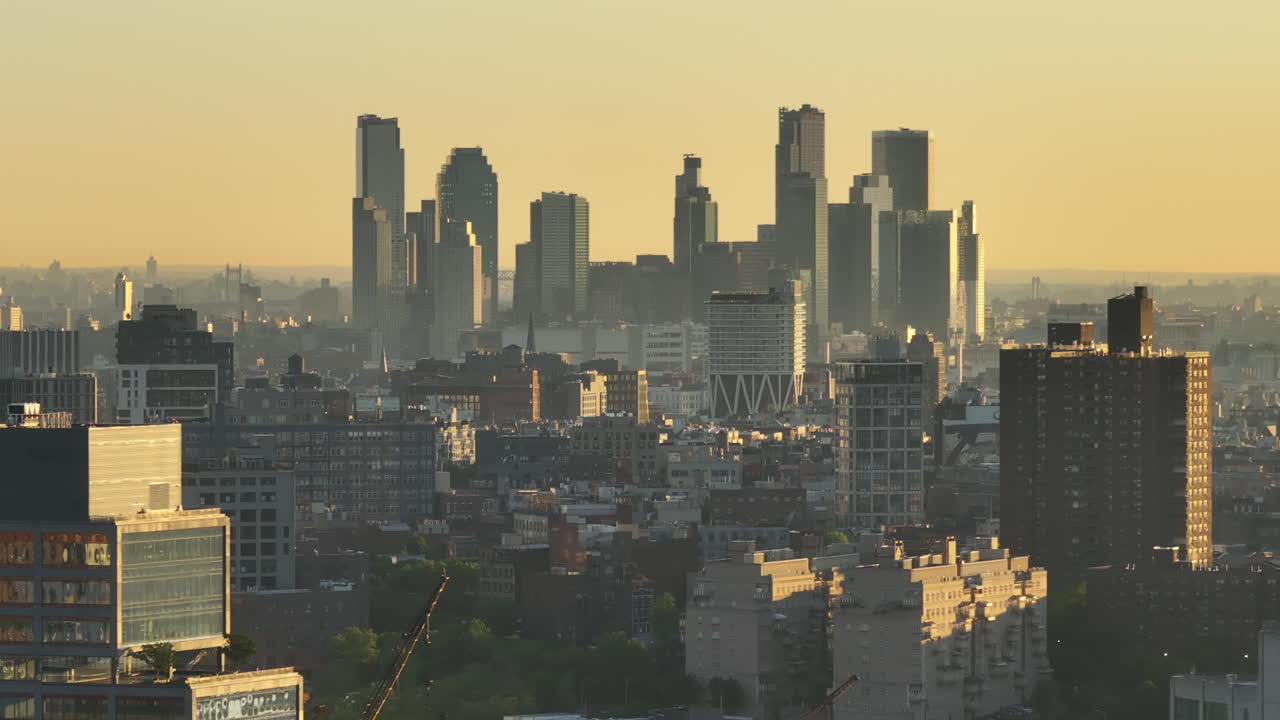 Aerial view of Long Island City, Queens at sunrise