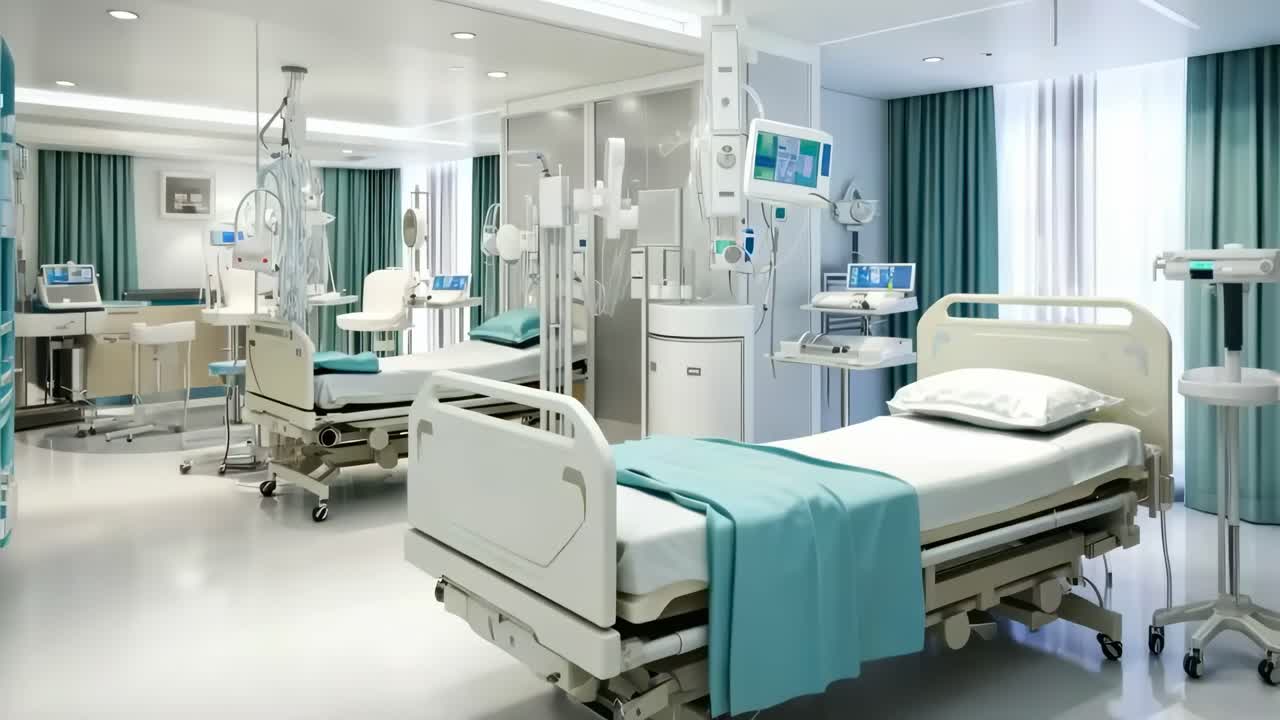ห้องพักผู้ป่วยในโรงพยาบาลที่ทันสมัยพร้อมอุปกรณ์ทางการแพทย์ขั้นสูง ถ่ายจากมุมกว้าง