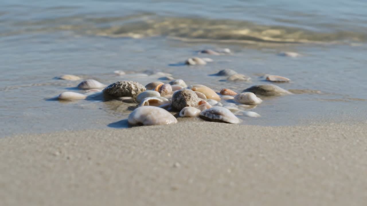 Lapping small waves covering and retreating around seashell cluster at sandy shoreline, with foam
