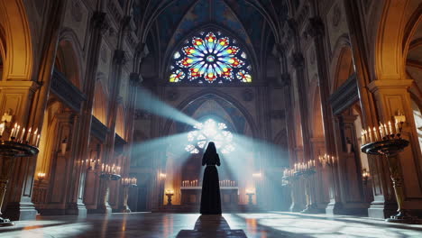 nun praying in a grand church