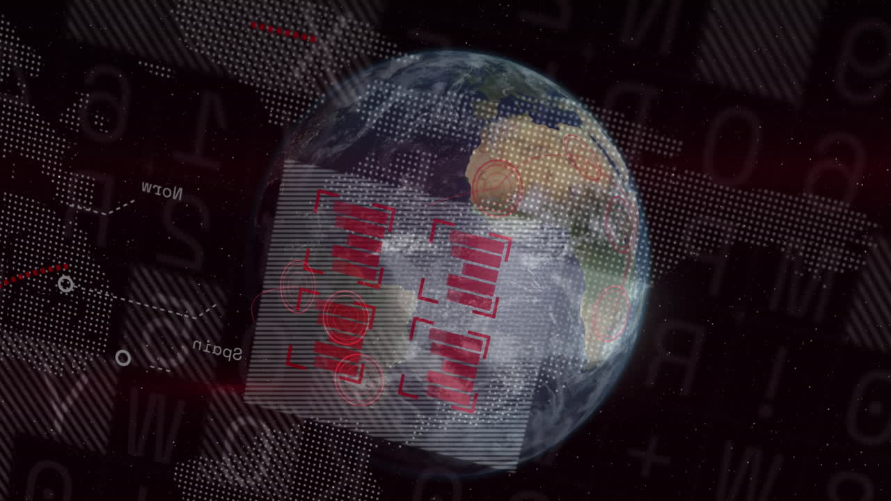 animación del globo y procesamiento de datos financieros sobre fondo negro