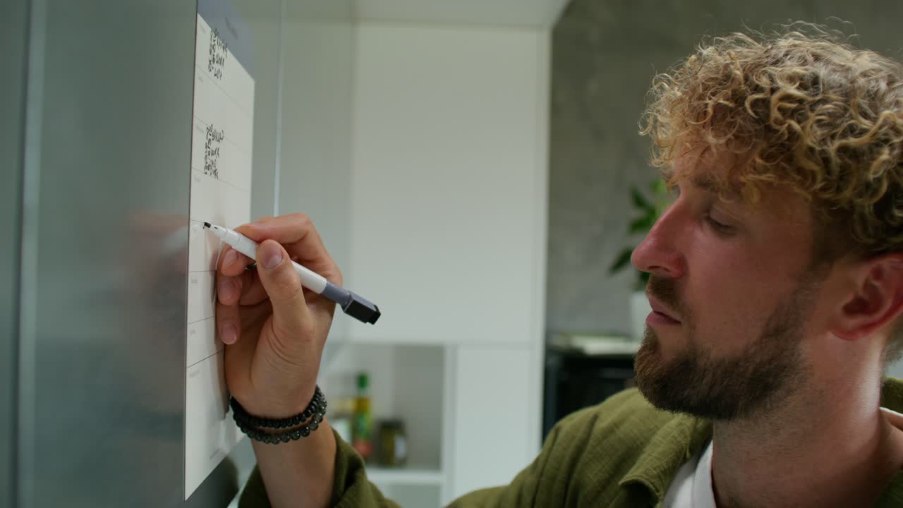 человек, пишущий на календаре холодильника.