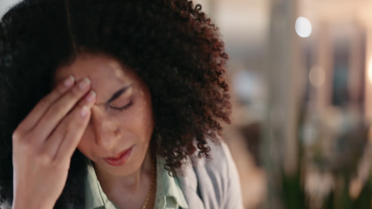 Night, office and woman with headache