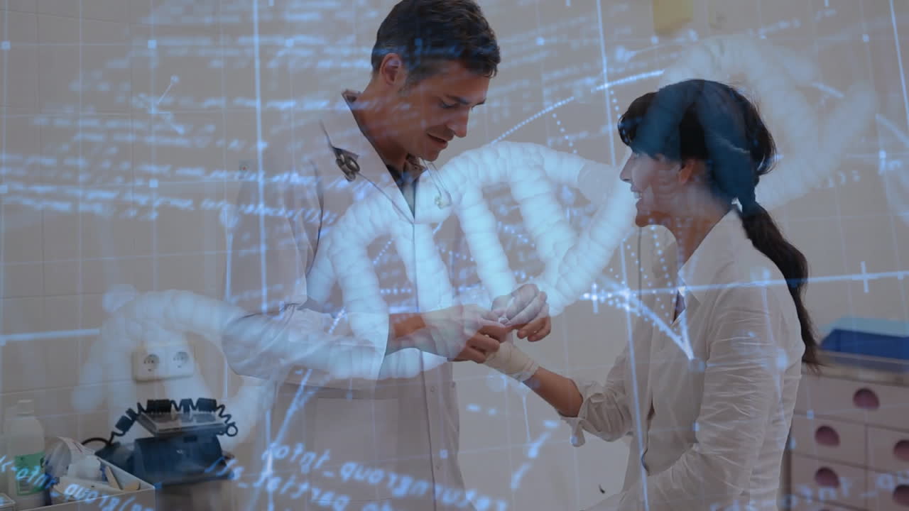 Animation of data processing and dna strand over diverse male doctor and female patient