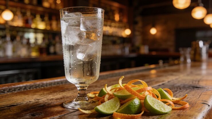Video verticale: Luce ambrata mutevole che crea riflessi su bicchieri alti, spicchi di lime, bucce d'arancia sul bancone del bar
