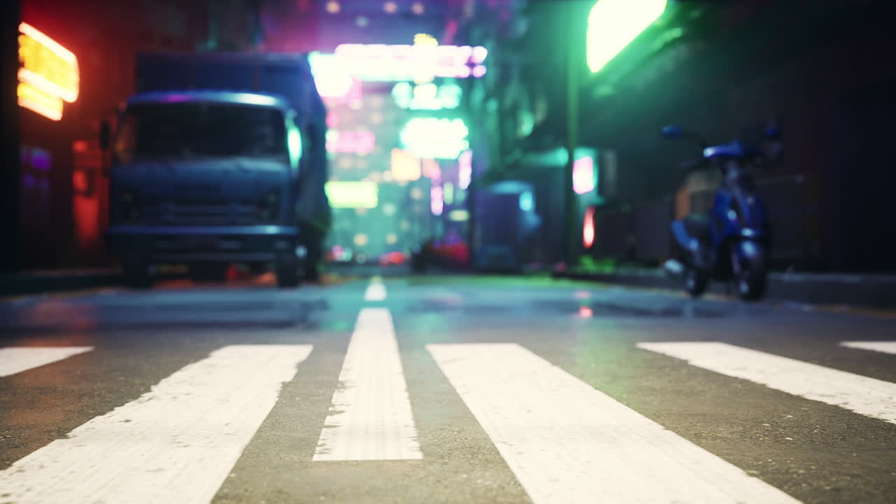 야간 도시 거리 에 네온 불 이 켜져 있다