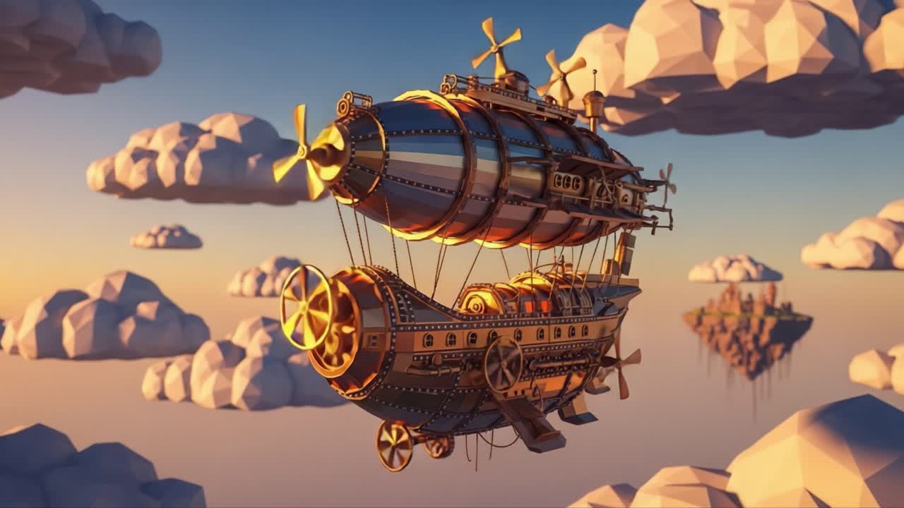 A Stunning Steampunk Airship Navigating Through Clouds at Sunset, Showcasing Intricate Design and Delightful Aerial Adventure