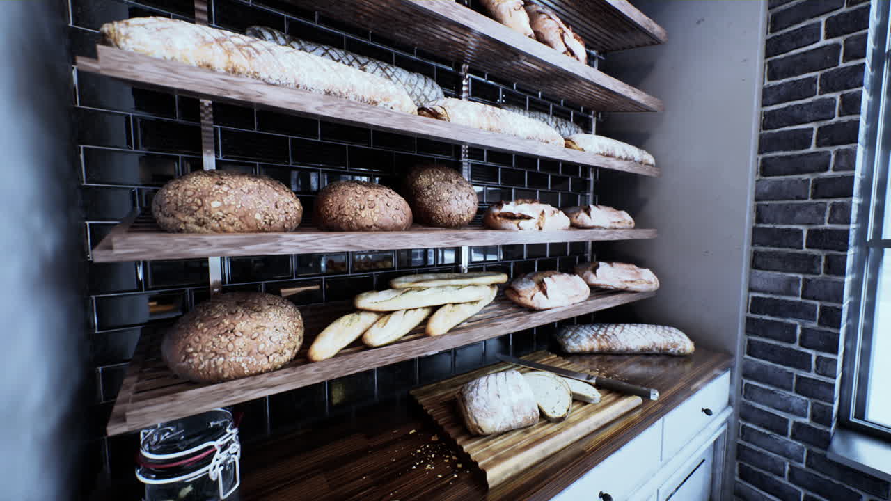 свежий хлеб на полках в пекарне