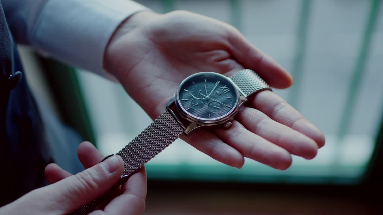 Close up of a silver wristwatch with a mesh band held in a man's hand by a window