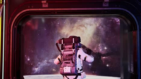vista trasera de un astronauta solo en un corredor espacial futurista observando la tierra y las estrellas. vista de la tierra y el satélite de comunicaciones. animación 3d