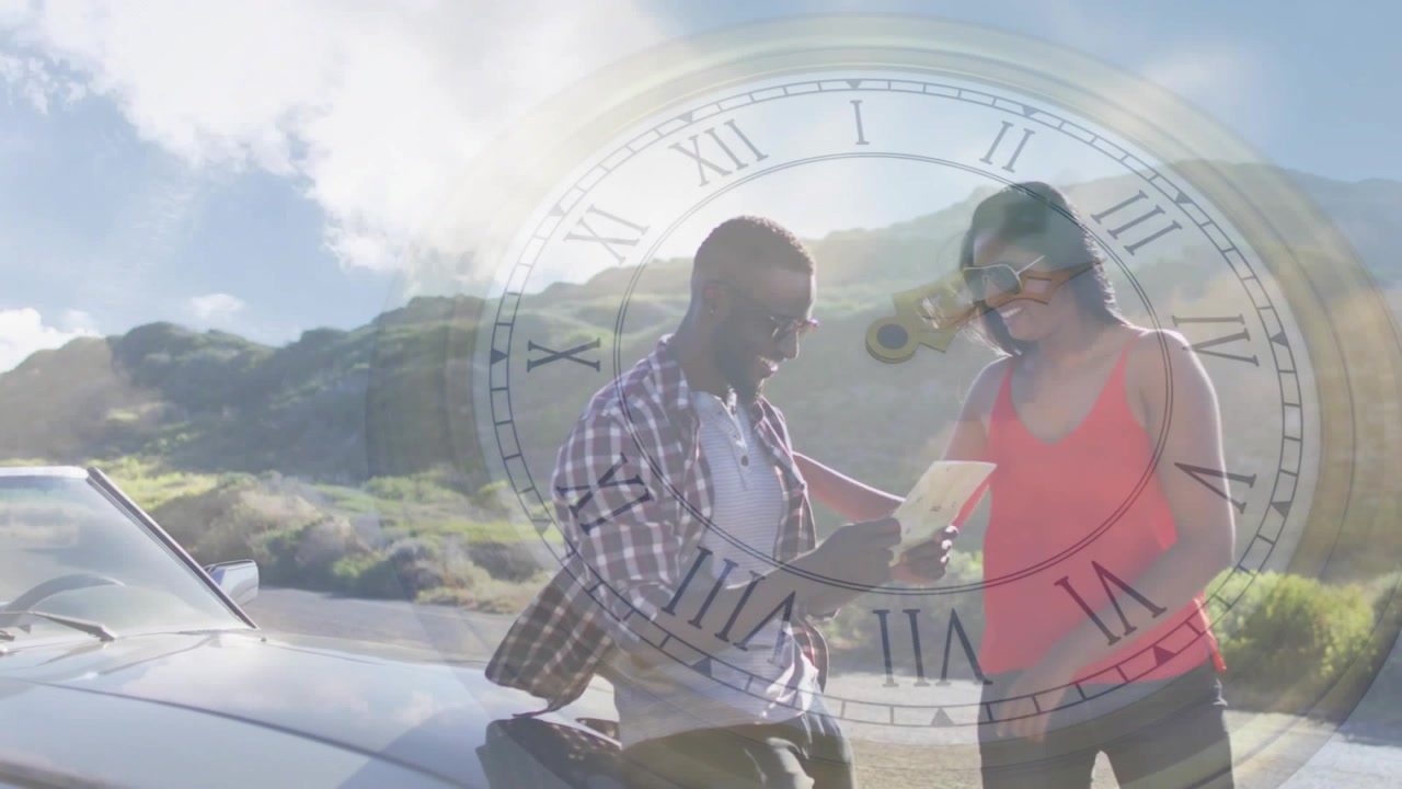 Couple planning route studying map after parking car at overlook, clock overlay marking travel time