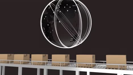 animation of scope scanning and globe over cardboard boxes moving on conveyor belt