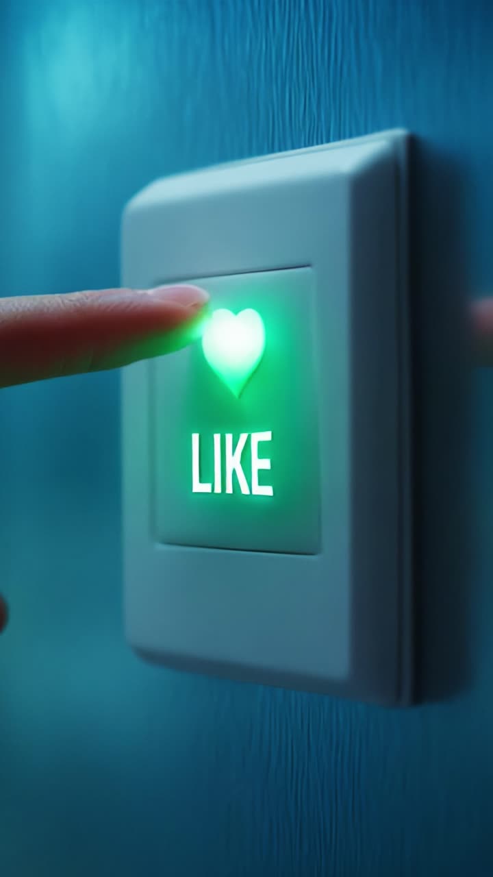 A Close-Up View of a Modern Light Switch with a Heart Symbol Lit Up and the Word 'LIKE', Highlighting the Connection Between Digital Interactions and Real-Life Emotions in Contemporary Spaces
