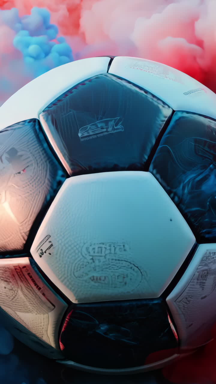 A soccer ball is surrounded by smoke and is the center of attention. The smoke is red, blue, and purple, creating a dramatic and intense atmosphere. The ball is the focal point of the image